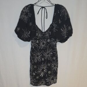 Silver Starburst Beaded Dress With Puff Sleeves